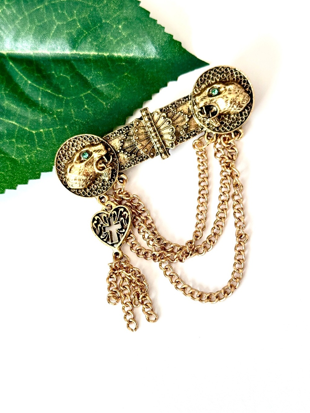 Antiqued Gold-tone Vintage Style Panther Jaguar Brooch w Chain Drape NWT